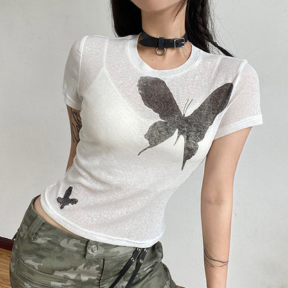 Vintage butterfly print slim round neck short sleeve T-shirt top female 2022 autumn Europe and the United States street foreign trade INS new
