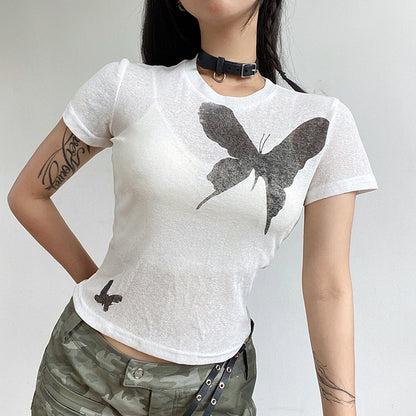 Vintage butterfly print slim round neck short sleeve T-shirt top female 2022 autumn Europe and the United States street foreign trade INS new